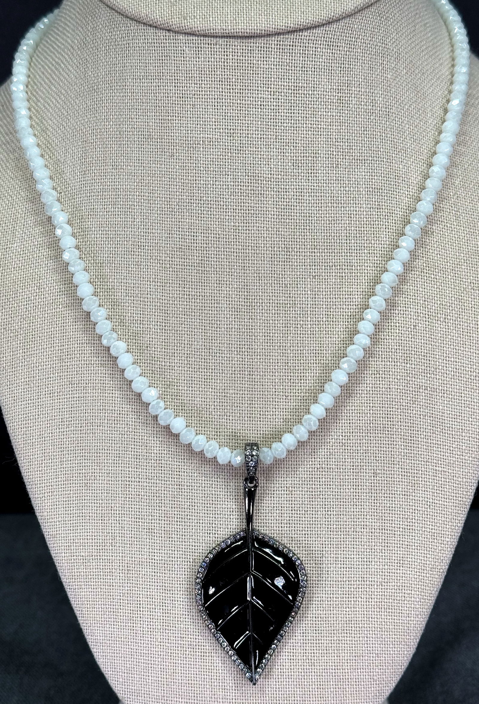 Clear rhinestones black metal leaf pendant, faceted AB crystal beaded strap necklace (1 of 9)