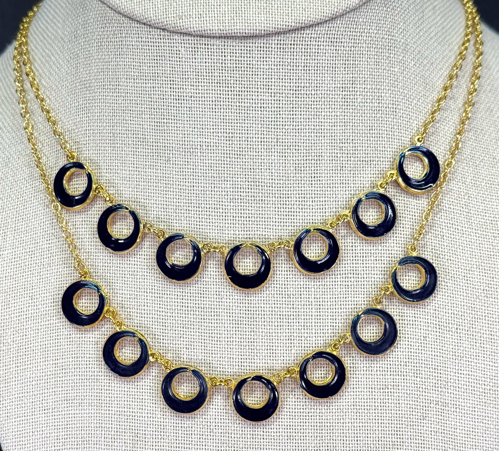 Vintage dark blue enamel goldtone metal collar necklaces. Lot of 2: Vintage dark blue enamel goldtone metal collar necklaces. Lot of 2. Unmarked. For measures please refer to the pictures taken with a measuring tape. Weight: 17 Grams. IN HOUSE Estimated* shipping and 
