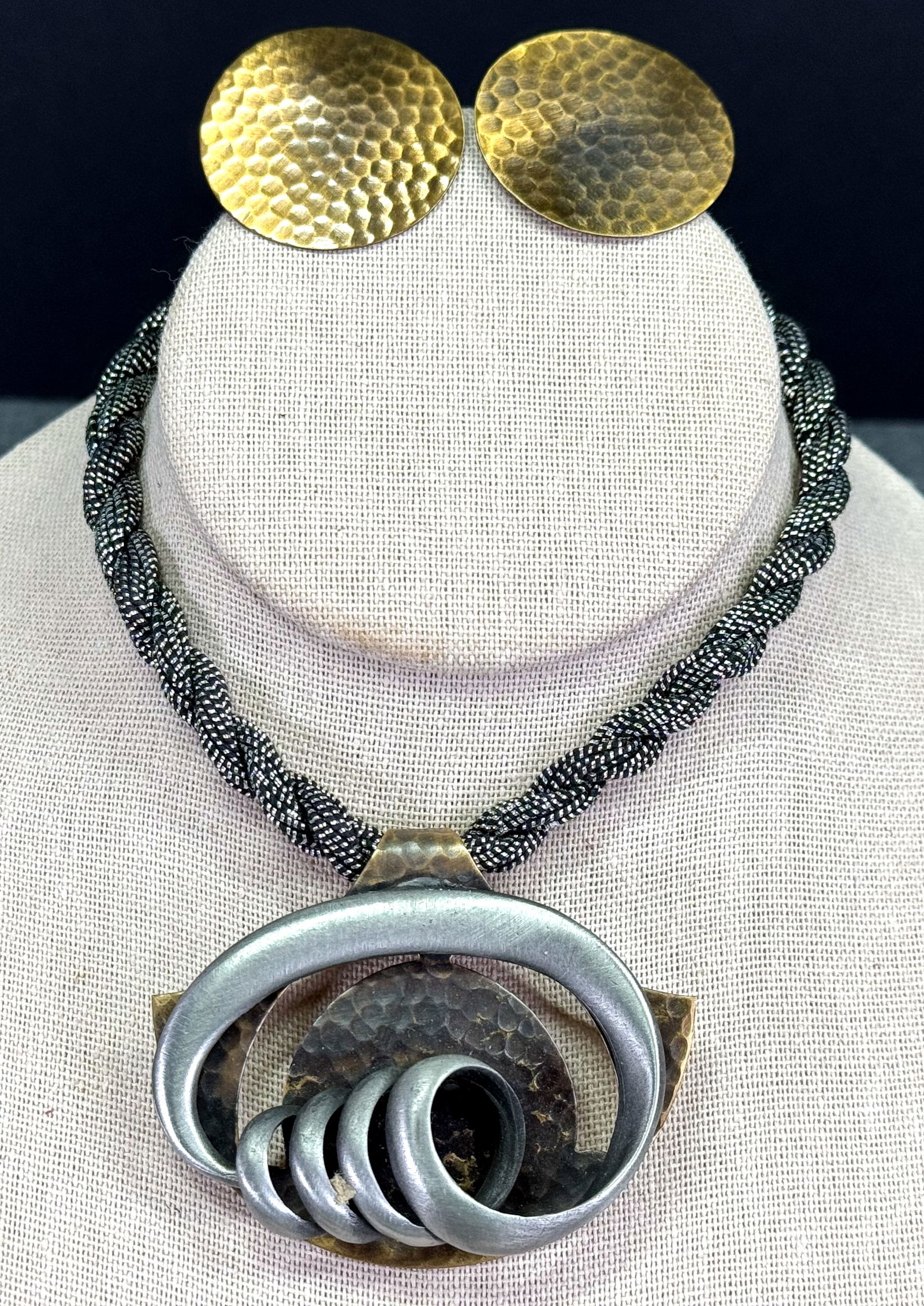Vintage 80s gunmetal & hammered bronze color pendant with woven rope strap necklace & earrings (1 of 11)