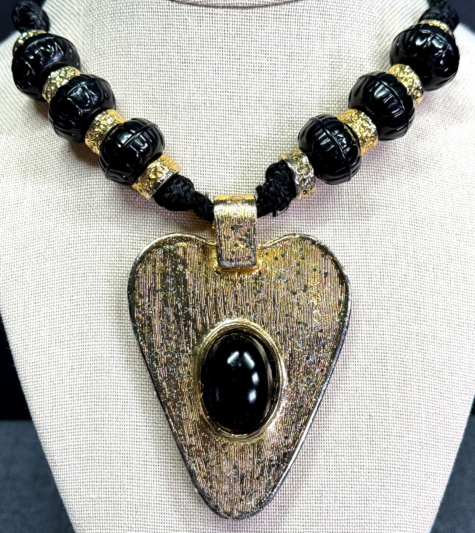 Vintage 80s black cab glitter golden medallion black rope strap with beads necklace (1 of 7)