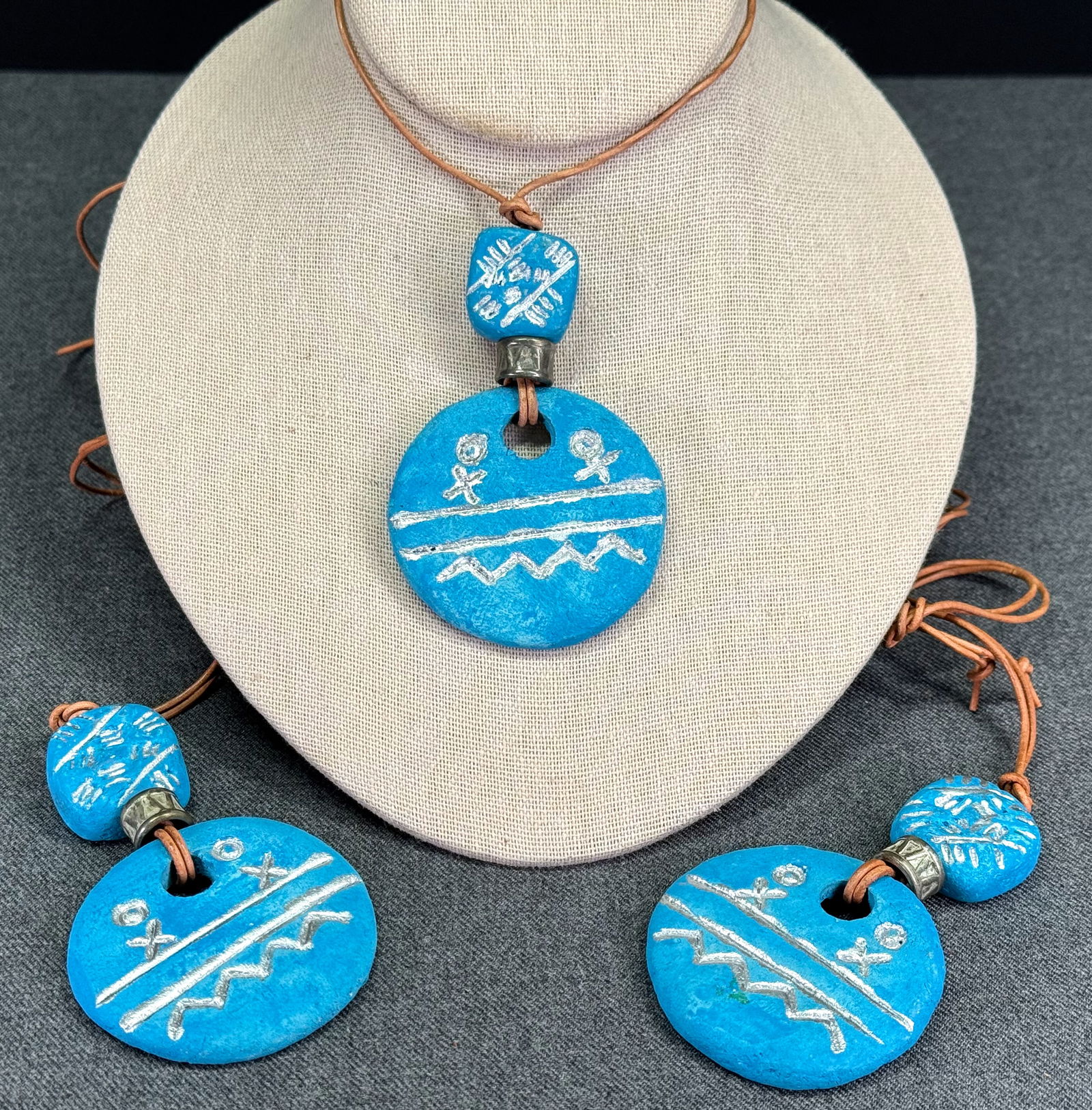 Vintage ethnic style silver accents turuoise color pottery leather strap necklaces. Unused. Lot of 3 (1 of 5)