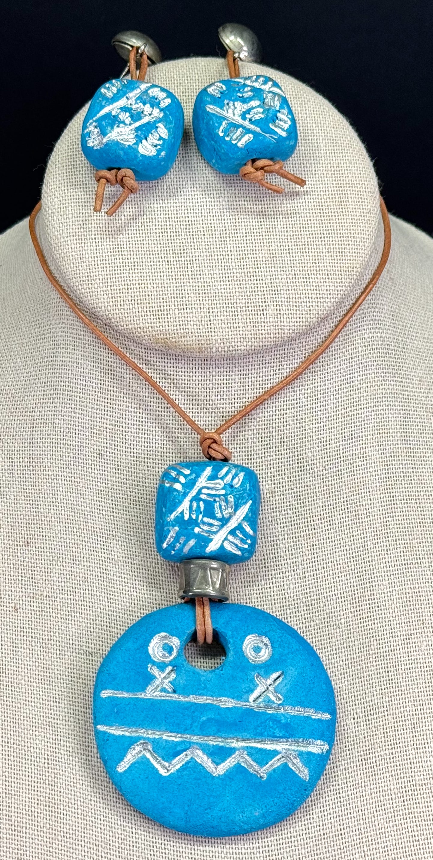 Vintage ethnic style silver accents turuoise color pottery necklace & hook earrings. Unused: Vintage ethnic style silver accents turuoise color pottery necklace & hook earrings. . Genuine leather straps. Unused. Unmarked. For measures please refer to the pictures taken with a measuring tape. 