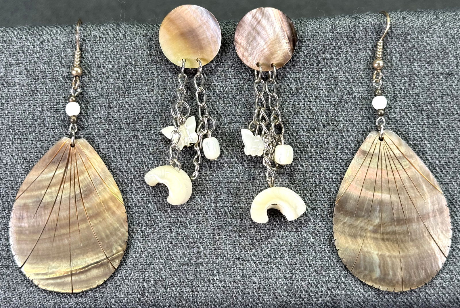 Vintage boho artisan MOP silvertone metal hook and stud with butterfly & dangles  earrings (1 of 7)