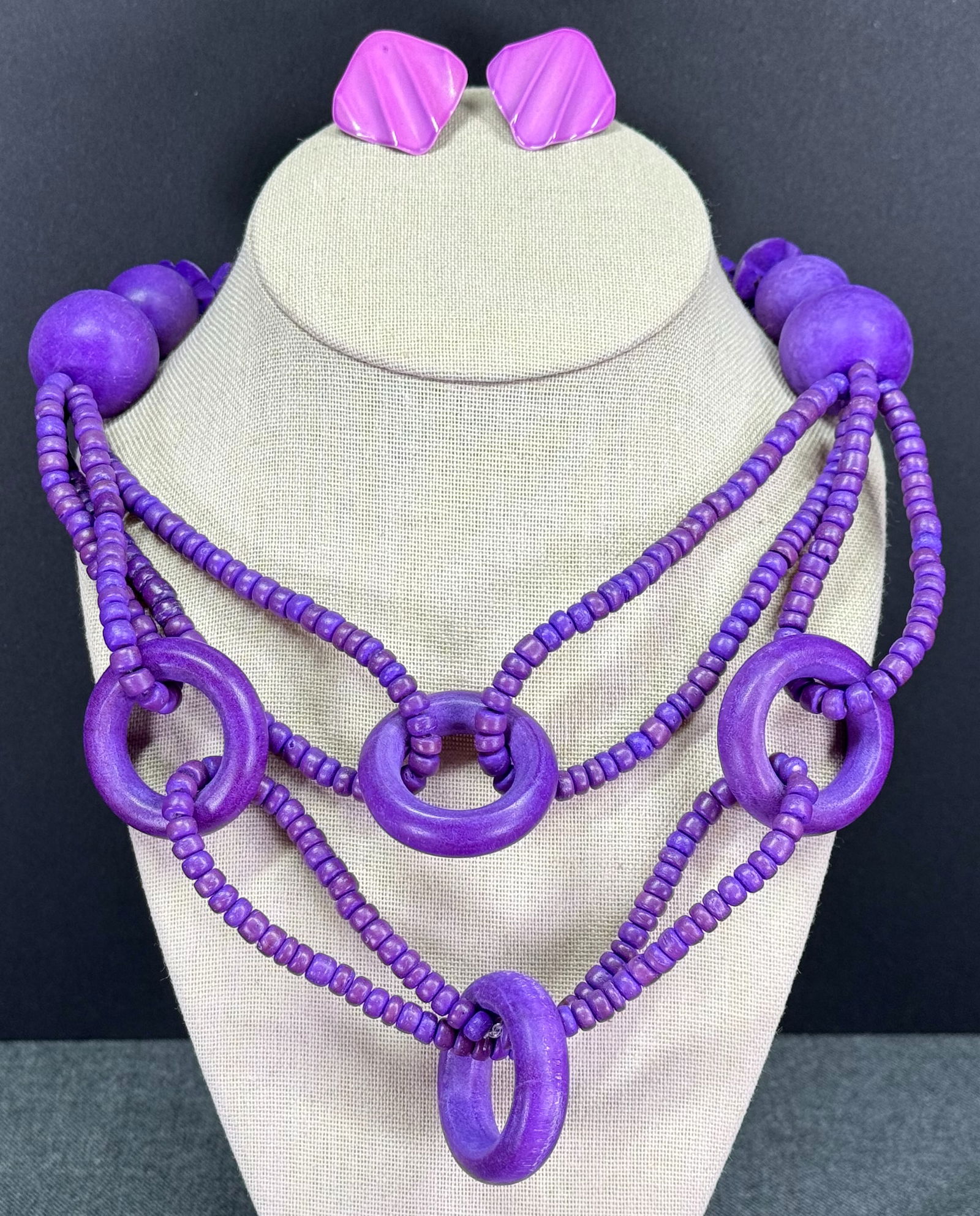 Boho purple wooden bead necklace and enamel metal stud earrings (1 of 13)