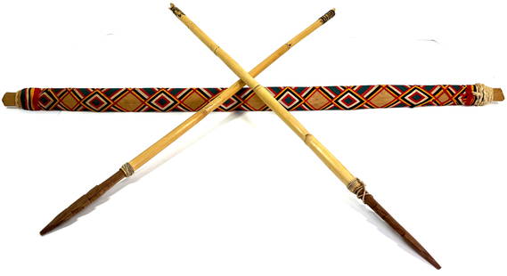 Vintage South American Guarani People Paraguay/Brazil Bow & 2 Arrows.: Vintage South American Guarani People Paraguay/Brazil Bow & 2 Arrows. Wood with woven colors cotton threads, wood, cane. The bow measures 28 ½ inches Long and 1 ½ inches wide. Arrows mea