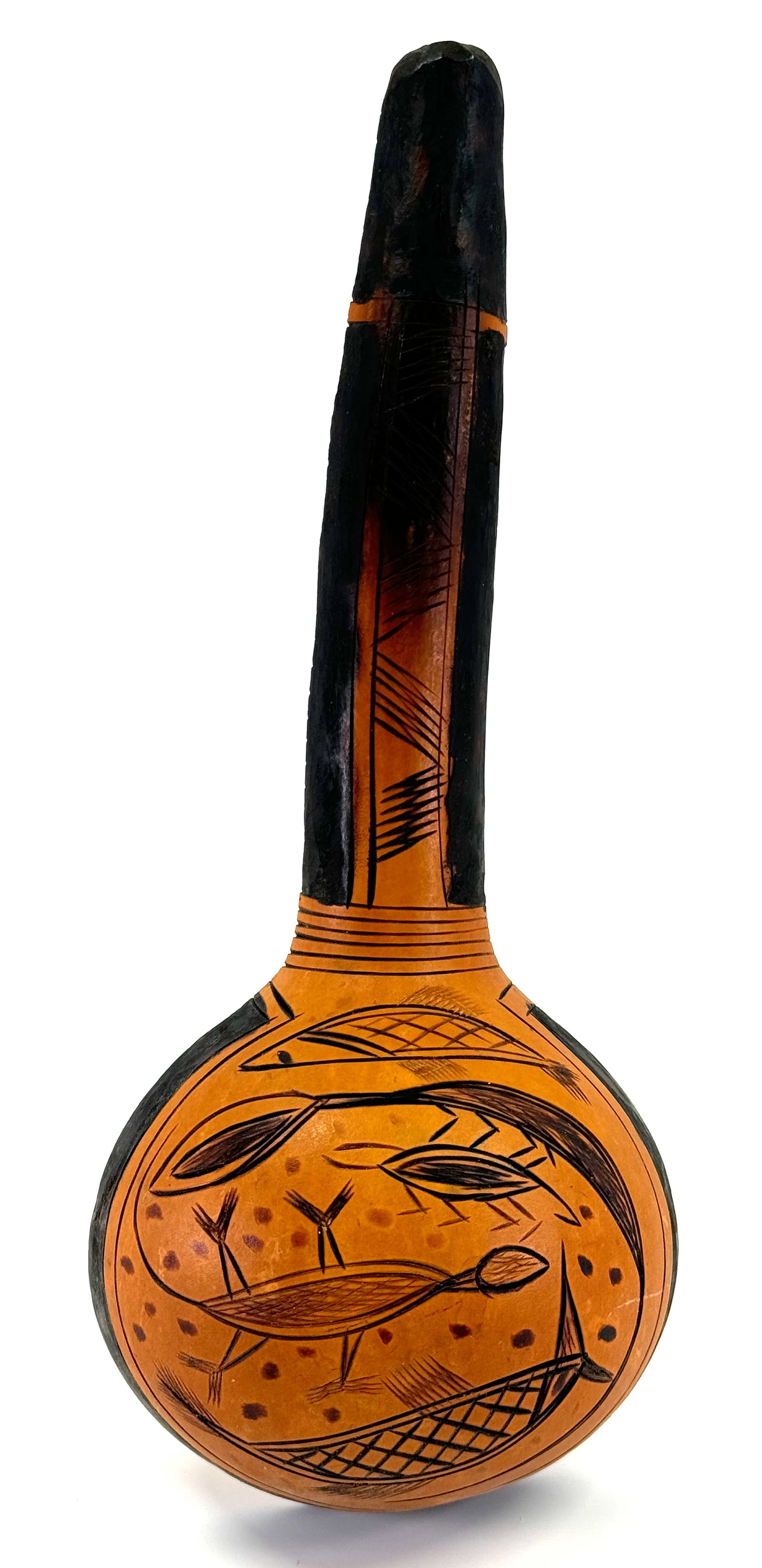 West African Fulani Decorated Calabash Ladle.: West African Fulani Decorated Calabash Ladle. For measures please refer to the pictures taken with a measuring tape. This is a NO RESERVE AUCTION: there are no hidden or confidential reserves, all acc