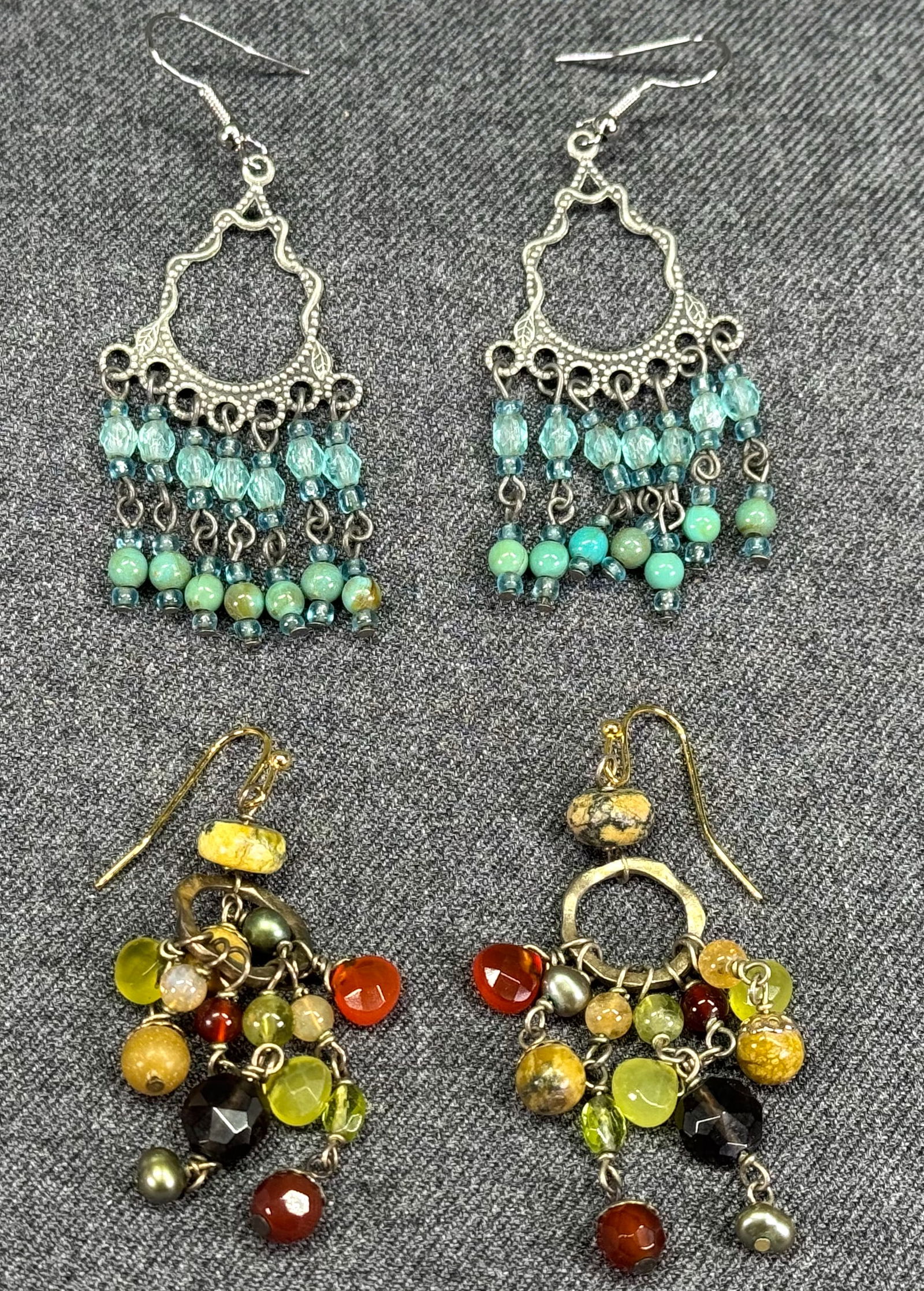 Vintage boho chandelier hook earrings. Stones, baroque pearls & glass beaded (1 of 6)