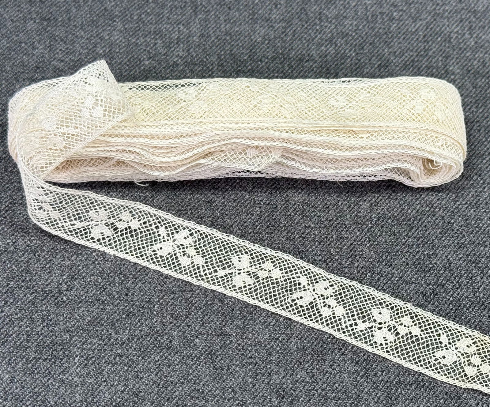 Vintage lace trim for sewing crafts. 4 3/4 yards long. Unused: Vintage lace trim for sewing crafts. 4 3/4 yards long. Unused For measures please refer to the pictures taken with a measuring tape. < IN HOUSE Estimated* SHIPPING & HANDLING COST WITHIN THE U.S. : $7