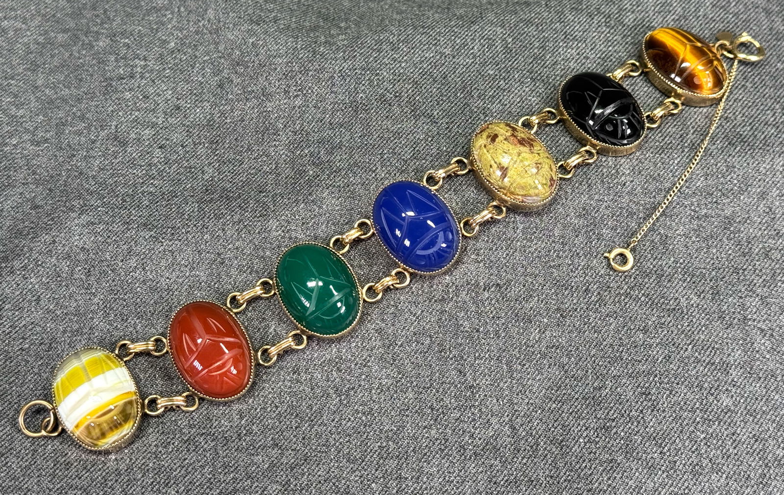 Vintage Amco Egyptian revival carved semiprecious stones scarabs 12K gold-filled bracelet (1 of 15)