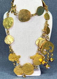 Vintage 80s Herve Van Der Straeten belt. Gilded metal amethyst stones dangles