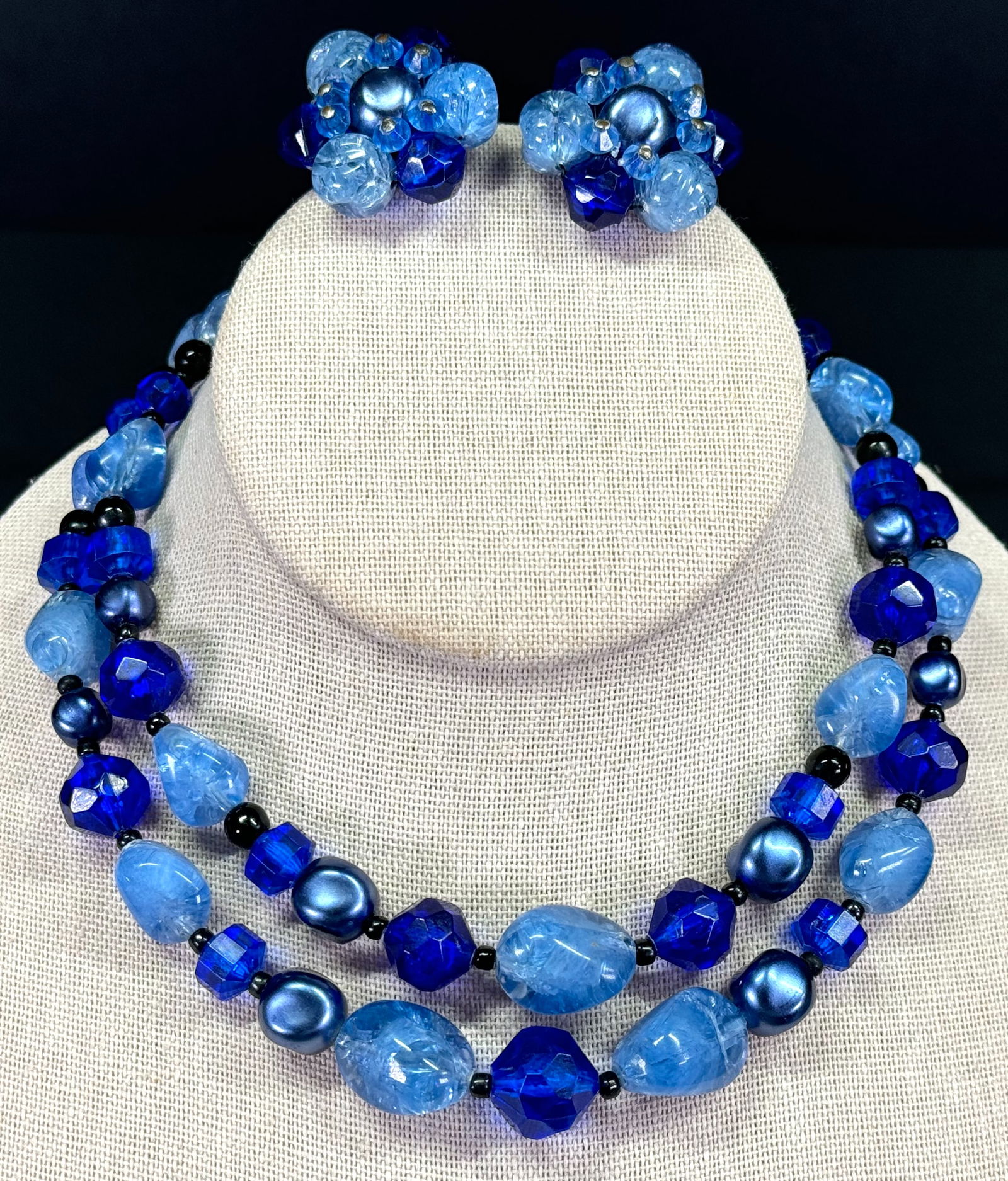 Vintage German bluish plastic beaded 2 strands choker necklace & matching clip on earrings. (1 of 14)