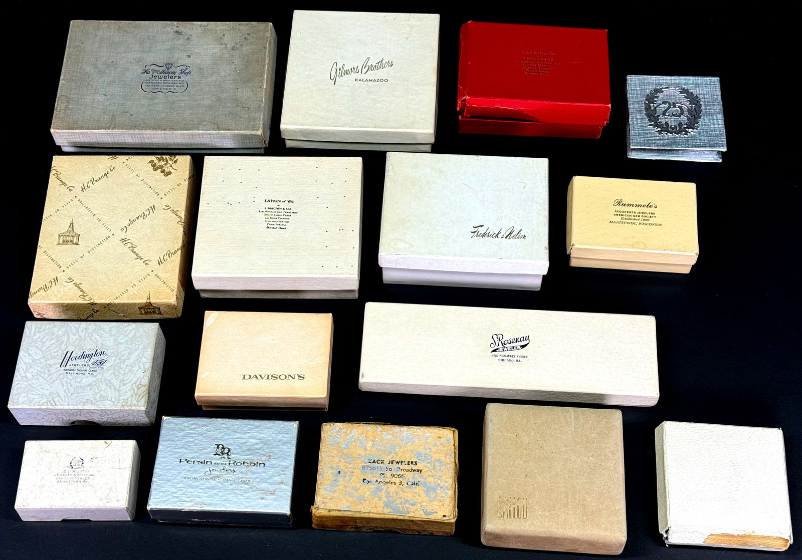 Vintage assorted Laykin, Lorioli, Gilmore & others cardboard  jewelry boxes. Lot of 16. (1 of 19)