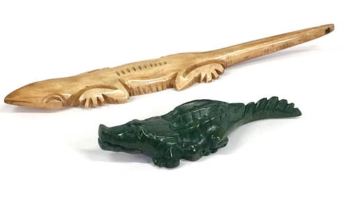 Native American Bone Alligator Fetish Pendant + Signed Green Figurine: Native American Carved Bone Alligator Fetish Carvings. Creamy Pendant. Signed and Numbered Green Figurine. For measures please refer to the picture taken with a measure tape. Weight: 20 Grams. This is