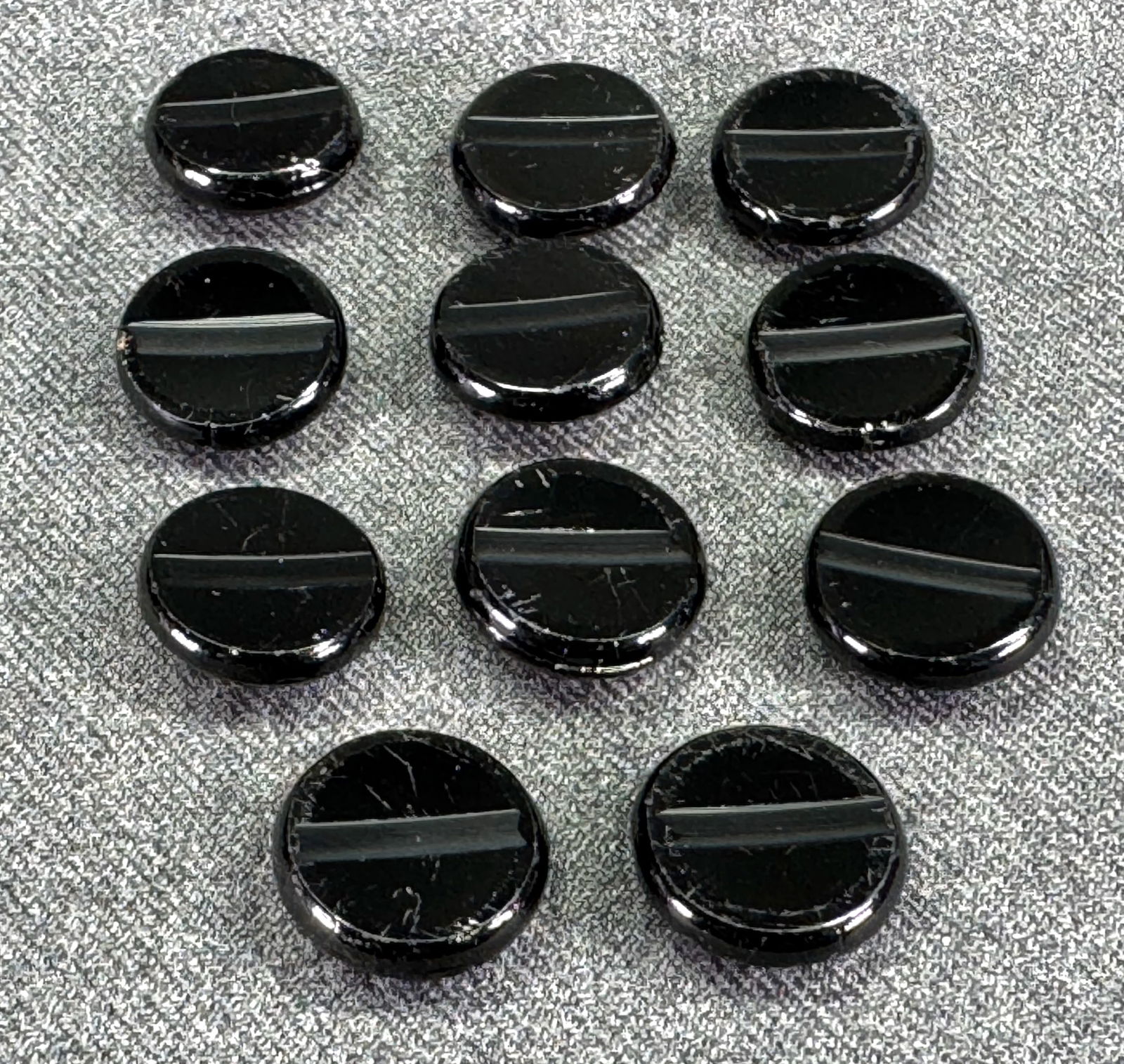 Antique Victorian Edwardian mourning cut black glass striped buttons. Lot of 11 (1 of 6)