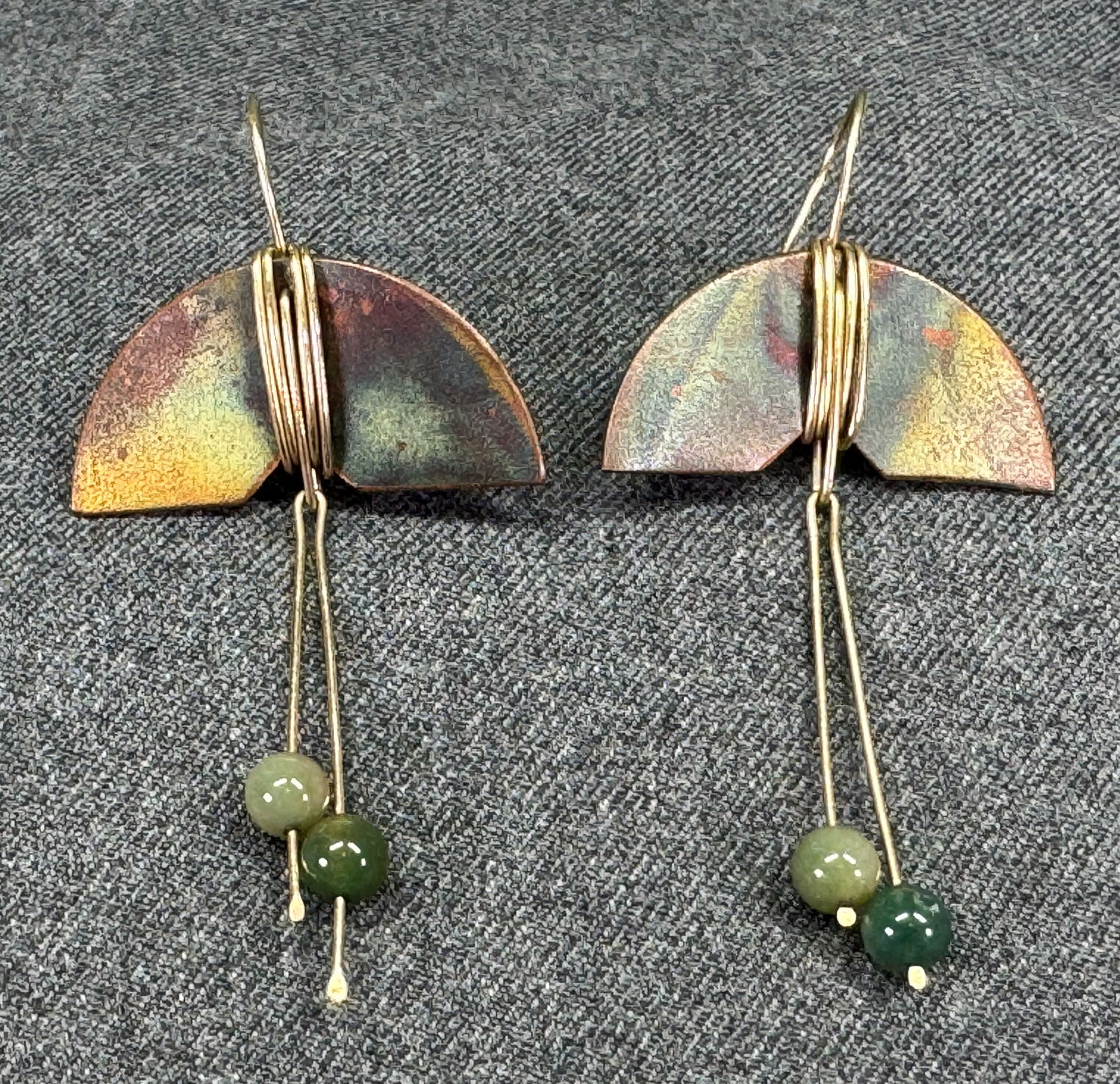 Vintage artsy oxidized copper wrapped in wire jade beads dangles pierced earrings (1 of 6)