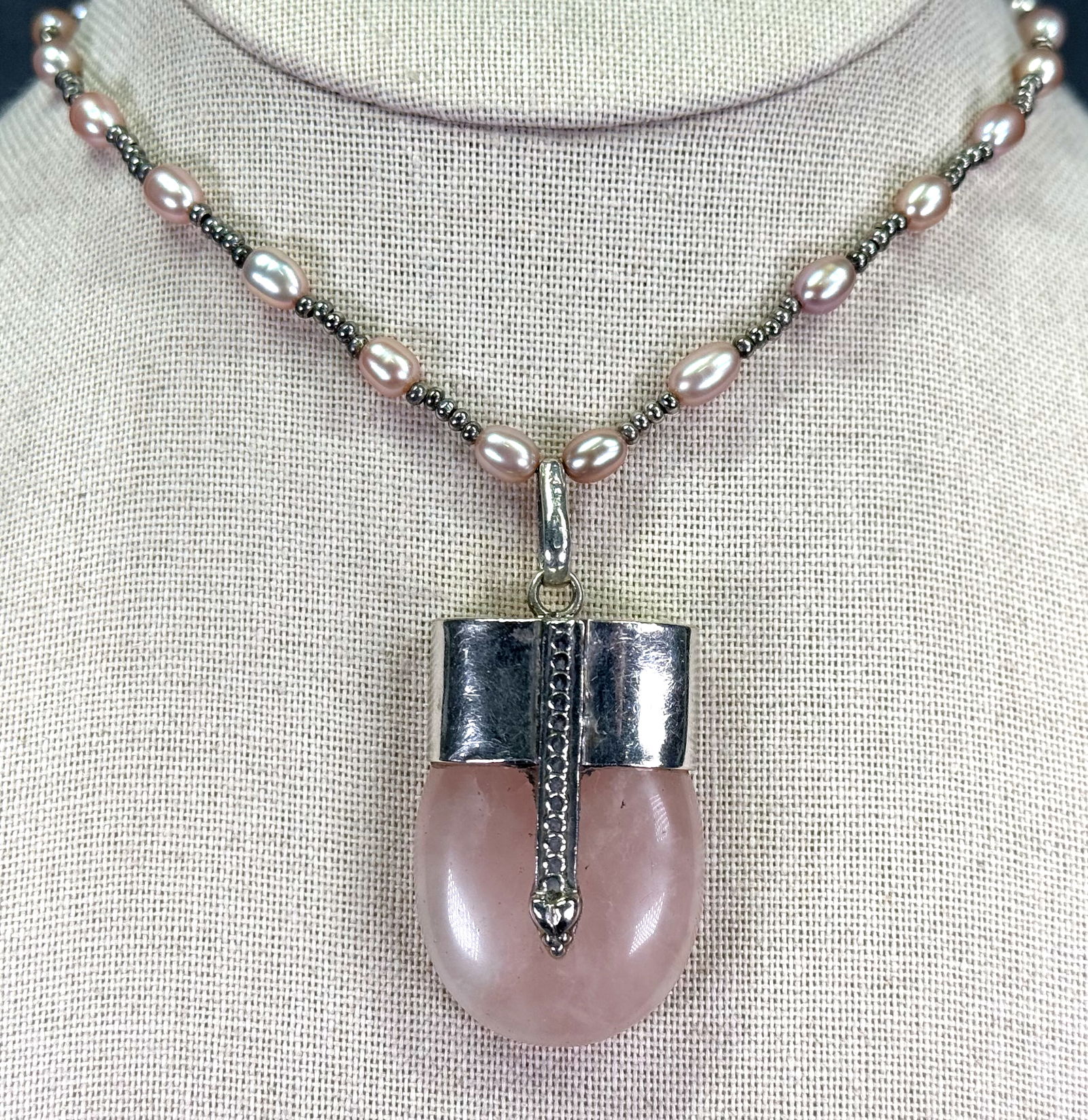 Vintage artsy rose agate sterling silver pendant , baroque pearls beads strap necklace (1 of 9)