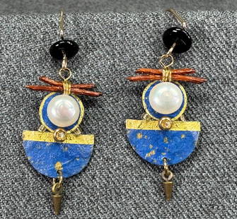 Vintage artsy baroque pearls, painted cardboard, glass, wood & metal hook earrings.: Vintage artsy baroque pearls, painted cardboard, glass, wood & metal hook earrings.. Unmarked. For measures please refer to the pictures taken with a measuring tape. Weight: 4 Grams. IN HOUSE Estimate