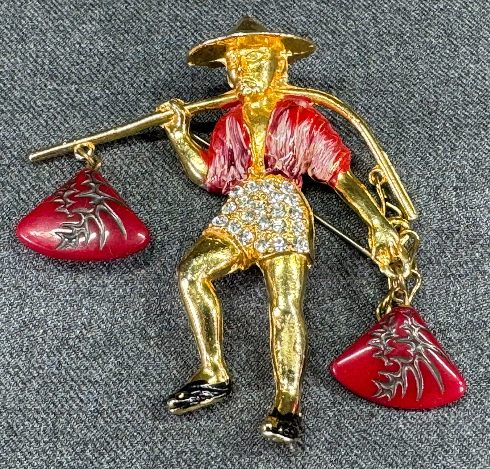 Vintage Rice Weiner Rhinestones Enamel Goldtone Metal Water Carrier Large Pin Brooch. (1 of 7)