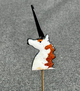 Vintage enamel copper unicorn stick pin: Vintage enamel copper unicorn stick pin. Unmarked. For measures please refer to the pictures taken with a measuring tape. Weight: 4 Grams. IN HOUSE Estimated* SHIPPING & HANDLING COST WITHIN THE U.S.