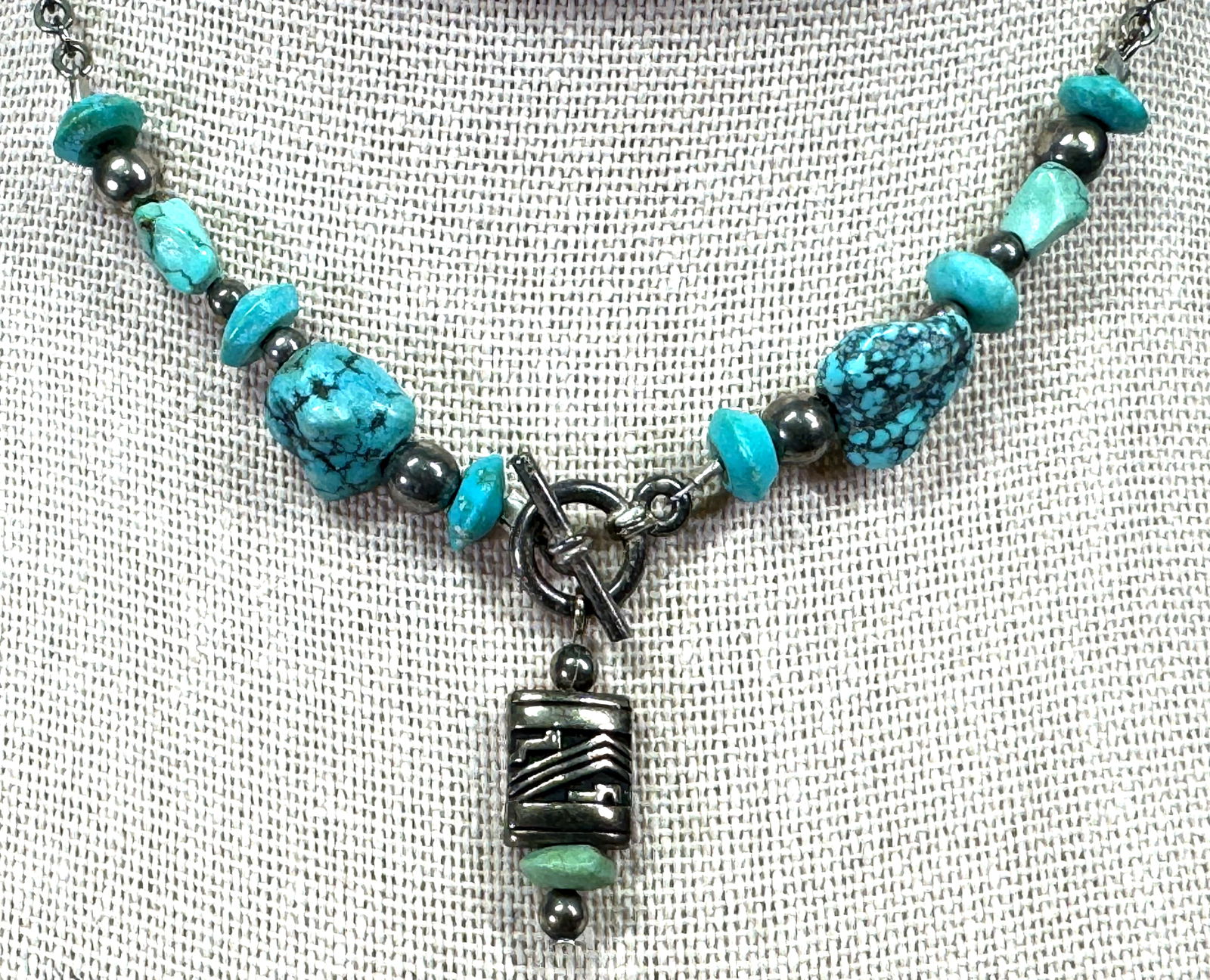 Vintage Southwestern style toggle clasp with dangle turquoise beads silverone metal chain necklace (1 of 12)