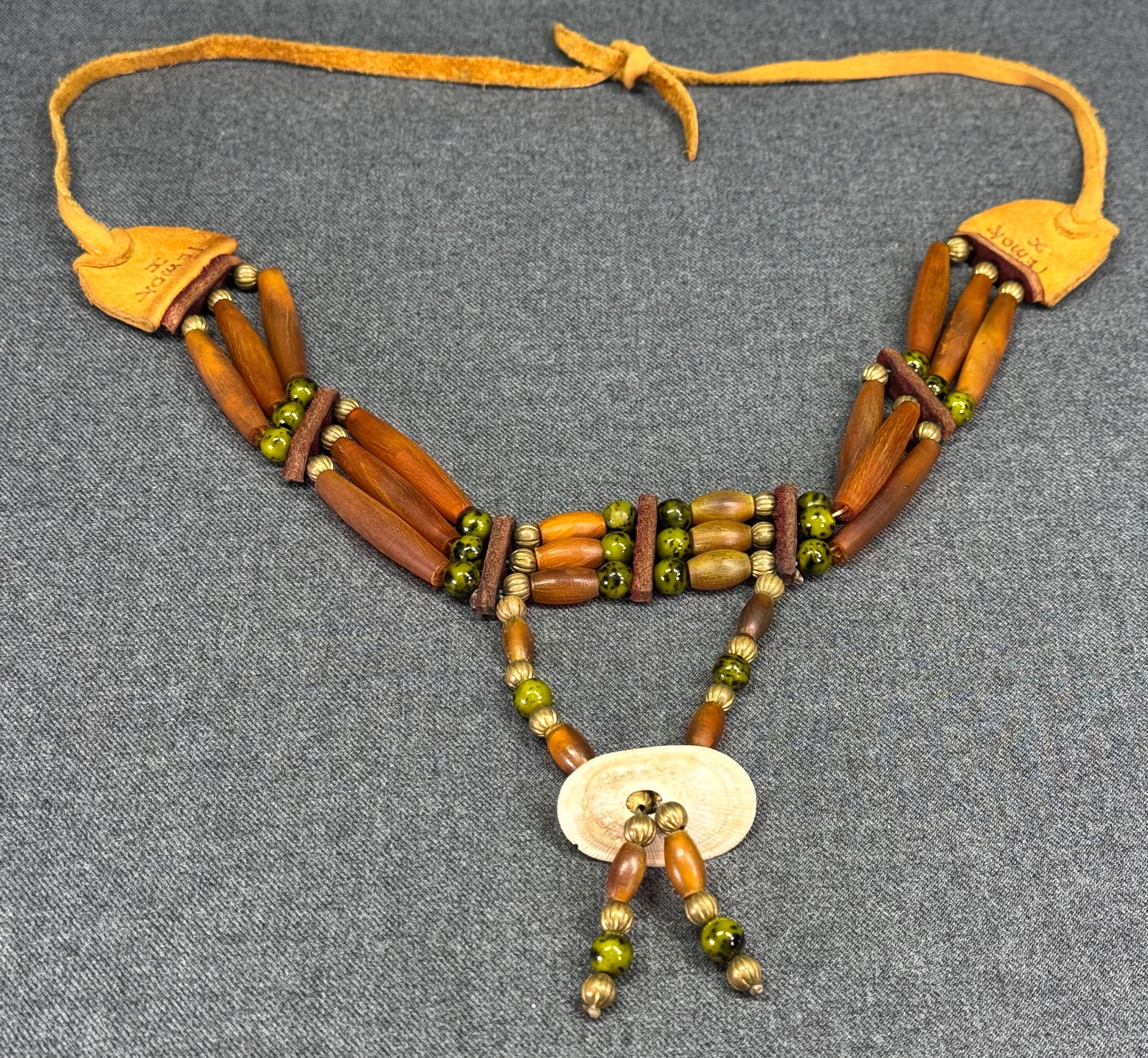 Vintage Native American style Temok hairpipe horn, brass, glass, shell & leather choker necklace (1 of 9)