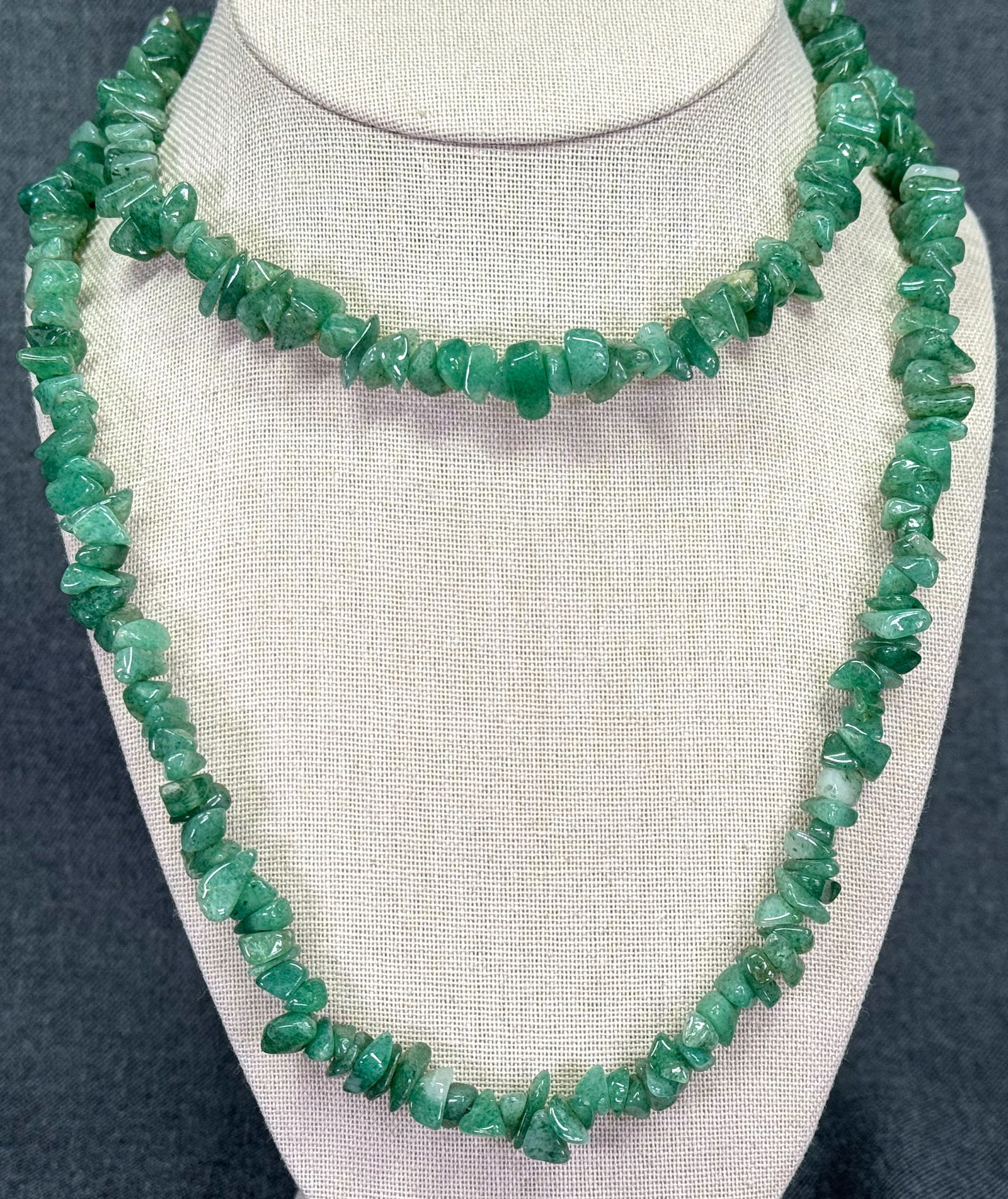 Green Aventurine Chip Beaded Necklace: Green Aventurine Chip Beaded Necklace, No clasp. For measures please refer to the pictures taken with a measuring tape. Weight: 94 Grams. IN HOUSE Estimated* shipping and handling cost within the U.S.