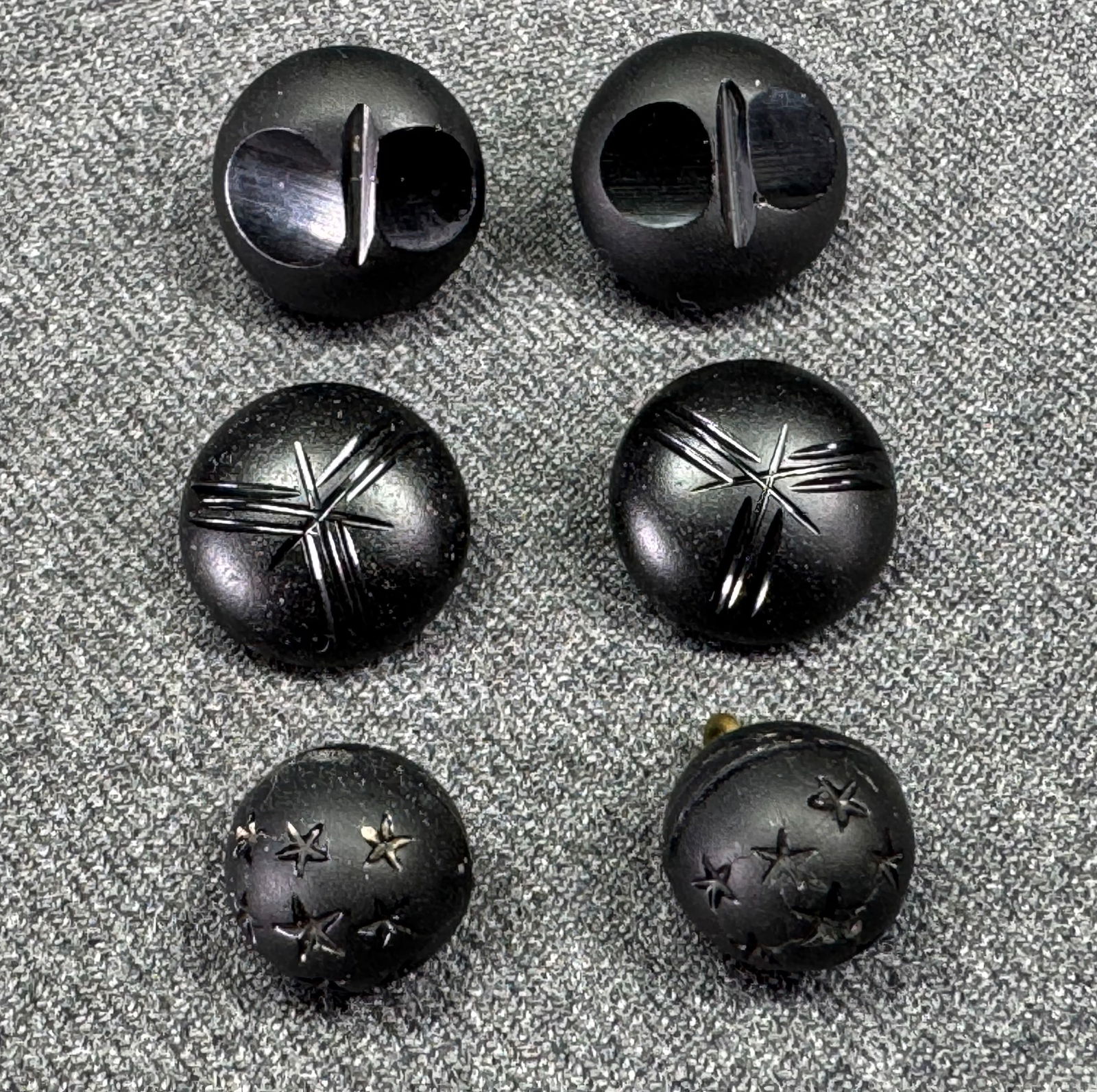 Antique Victorian Edwardian mourning cut black glass assorted buttons. Lot of 6. One pair with stars (1 of 6)