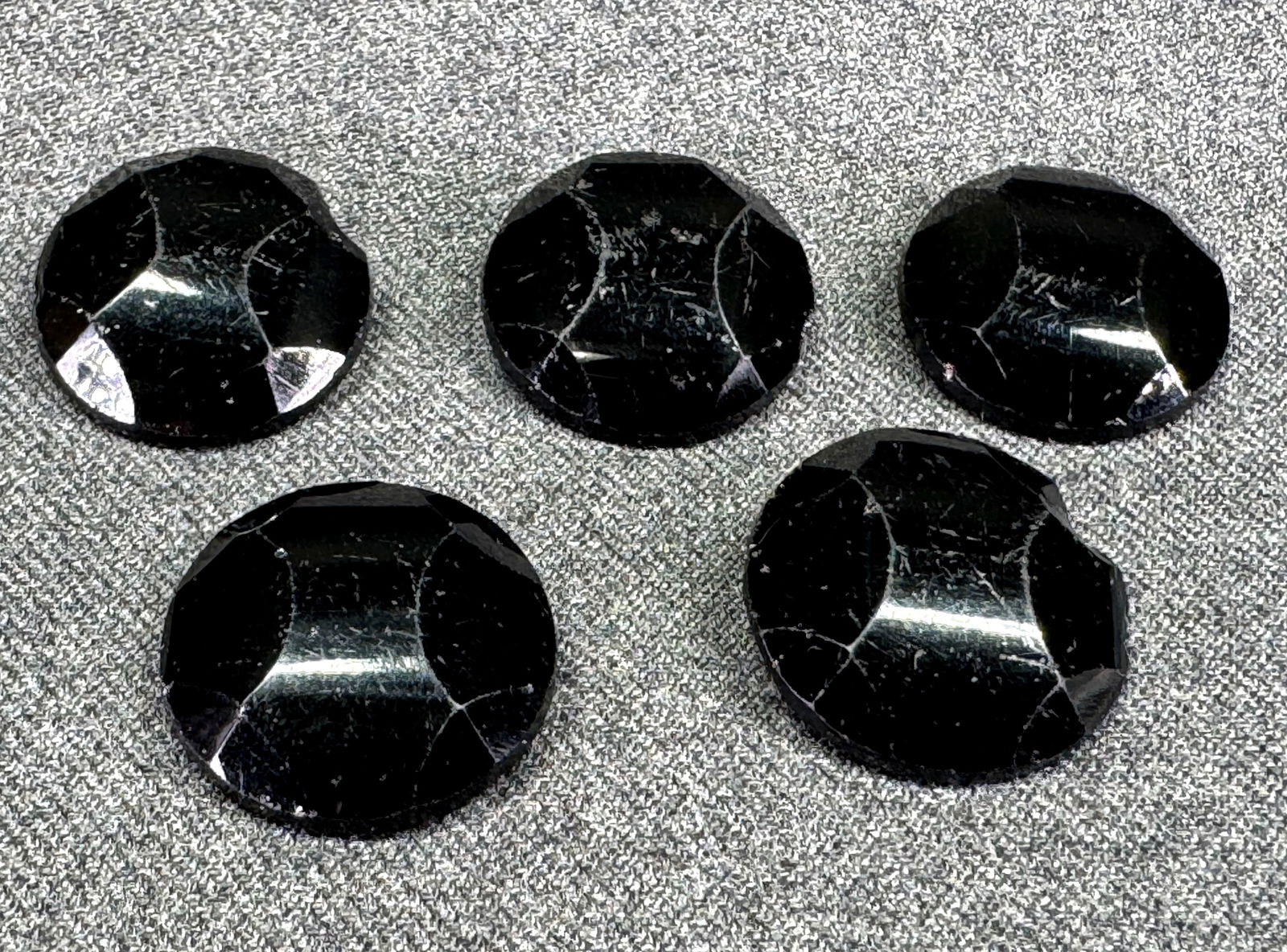 Antique Victorian Edwardian mourning faceted black glass buttons. Lot of 5 (1 of 4)