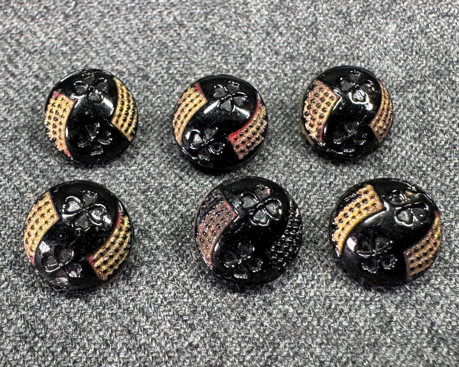 Vintage art deco Czech golden accents black glass four leaves clover small buttons. Lot of 6 (1 of 4)