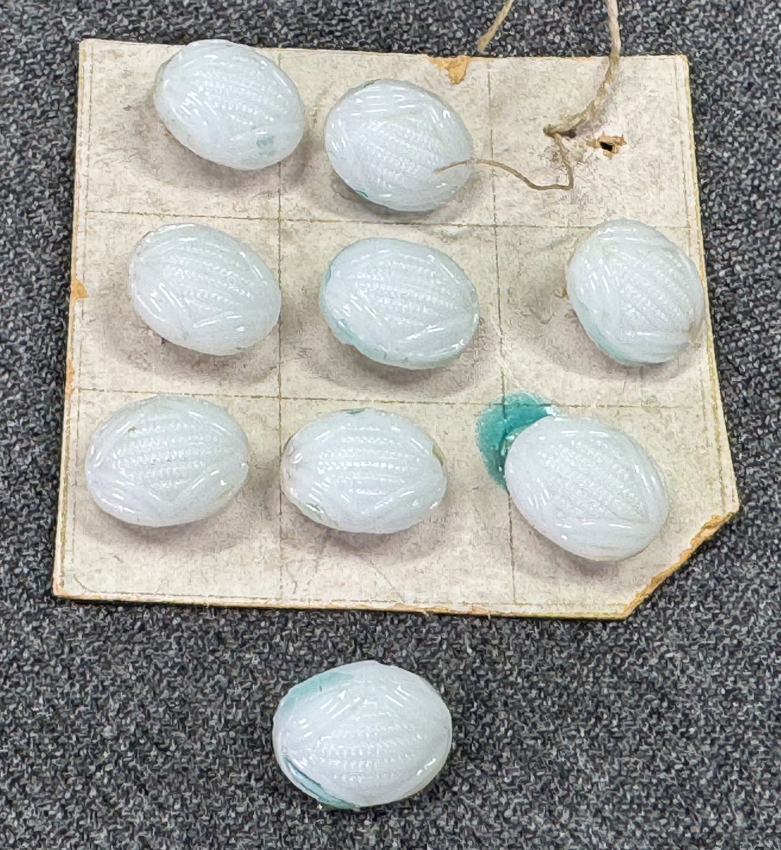 Vintage art deco Czech green accents milky white glass oval small buttons. Lot of 9: Vintage art deco Czech green accents milky white glass oval small buttons. Lot of 9. For measures please refer to the pictures taken with a measuring tape. Weight: 5 Grams IN HOUSE Estimated* shipping