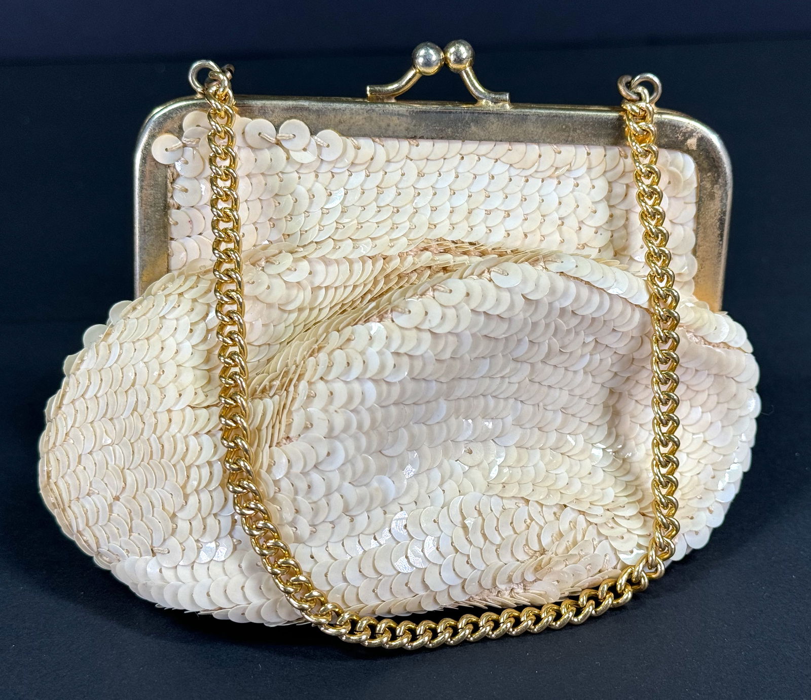 Vintage embroidery with creamy sequins golden metal frame & chain strap small purse bag. (1 of 9)