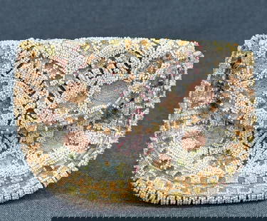 Vintage French hand embroidery and beaded flowers purse bag: Vintage French hand embroidery and beaded flowers purse bag. Made in France Hand Made fabric label. The interior lined in grosgrain silky fabrics (dirt). For measures please refer to the pictures take