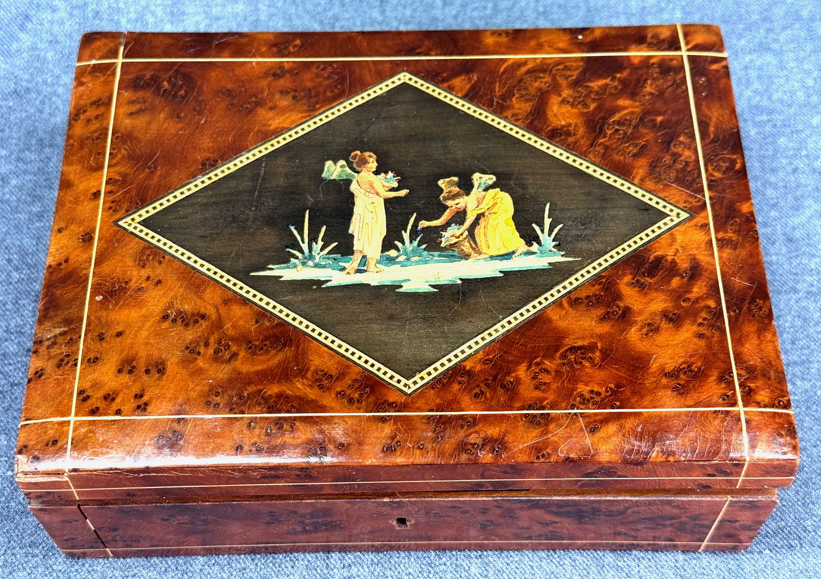 Vintage Italian marquetry inlay whimsical scene of fairies wooden box (1 of 12)
