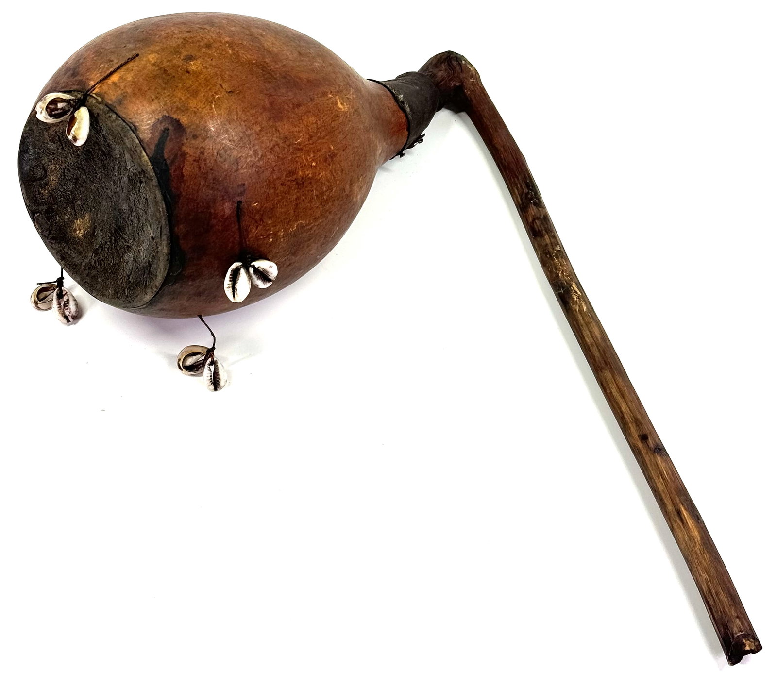 African Sistrum Style Shaker. Gourd, leather, wood, cowrie shells: African Sistrum Style Shaker. Gourd, leather, wood, cowrie shells. It measures 15 x 11 x 6 1/2 inches . This is a NO RESERVE AUCTION: there are no hidden or confidential reserves, all acceptable biddi
