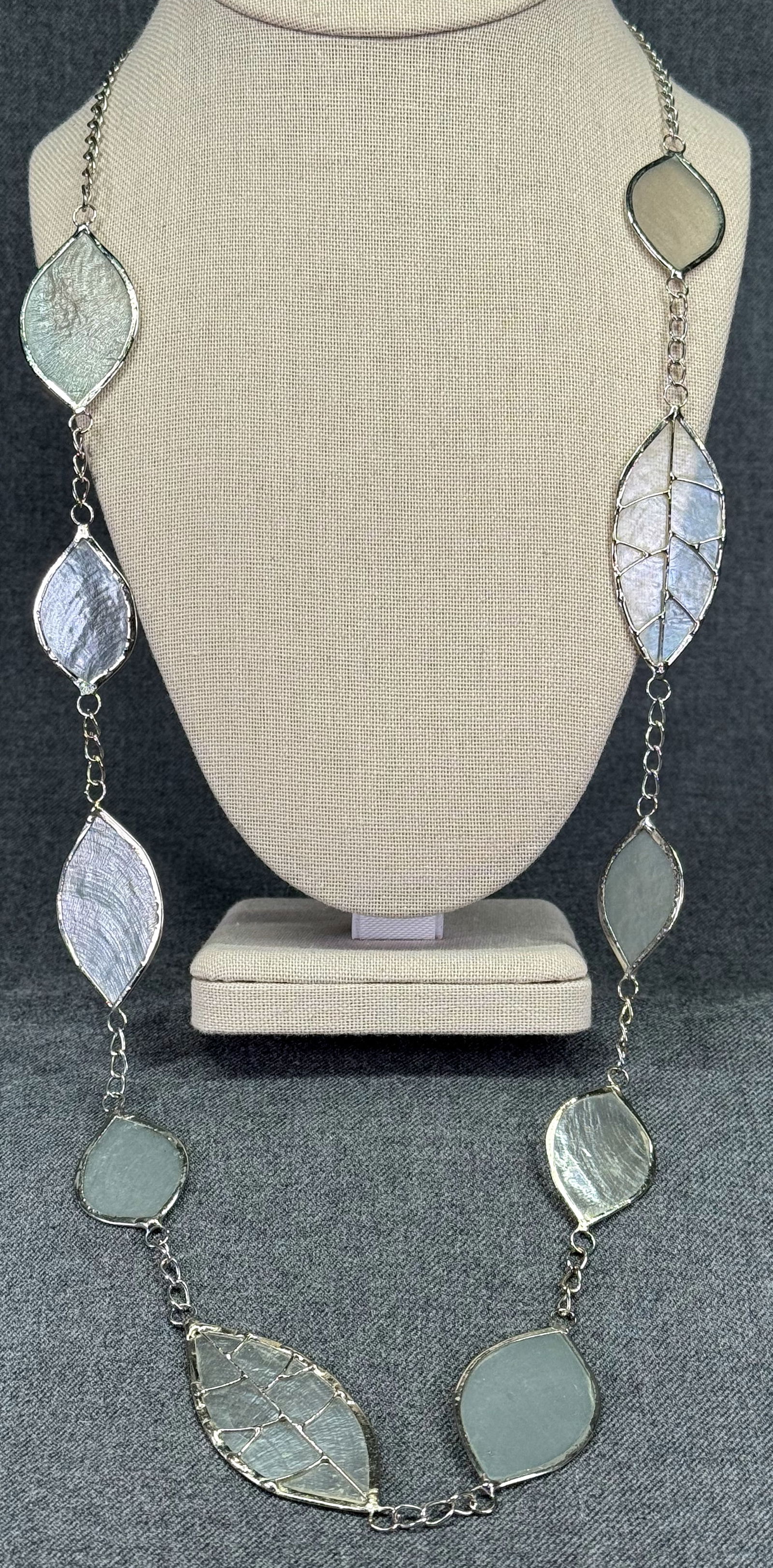 Translucent iridescent resin inlay silvertoned metal leaves necklace. (1 of 5)