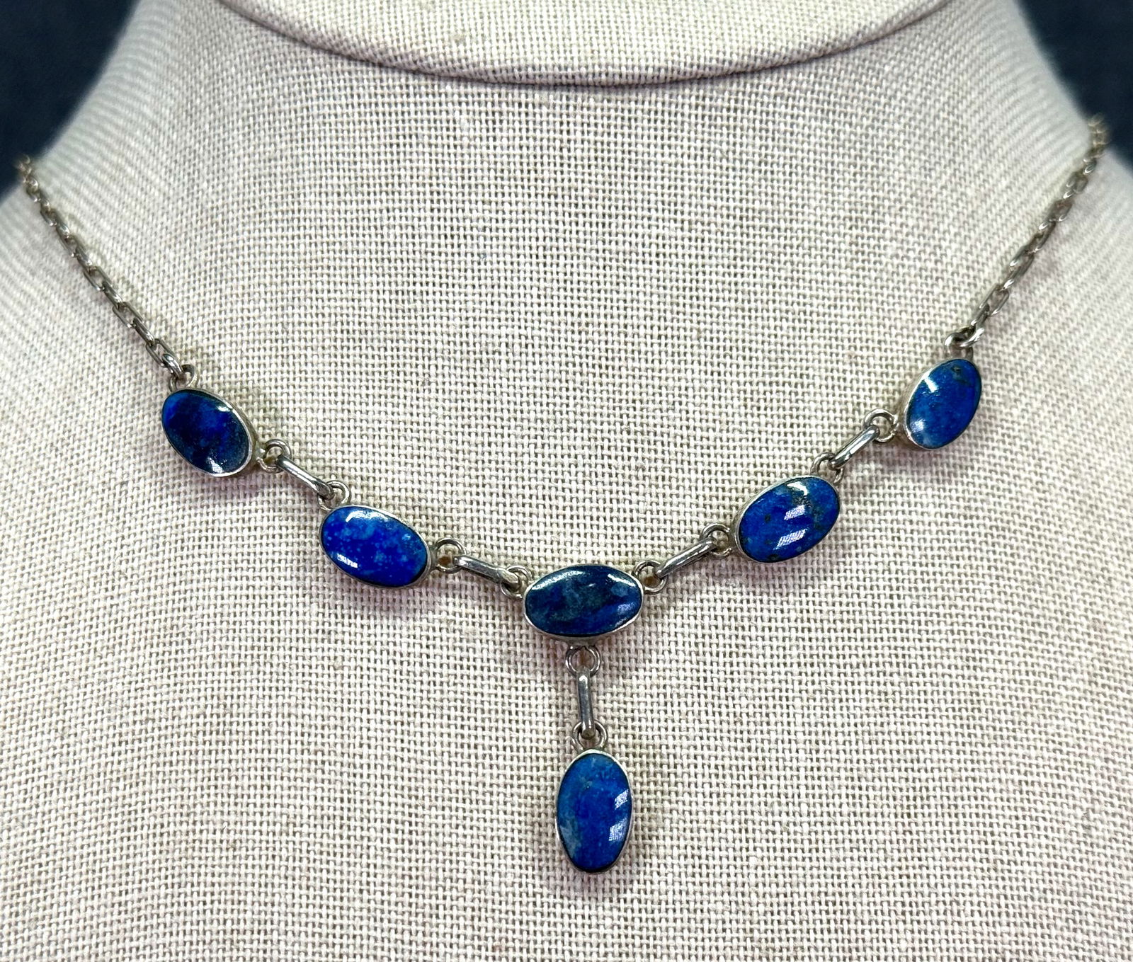 Vintage MCM modernist Chilean Lapis inlay 950 sterling collar necklace with dangle (1 of 9)