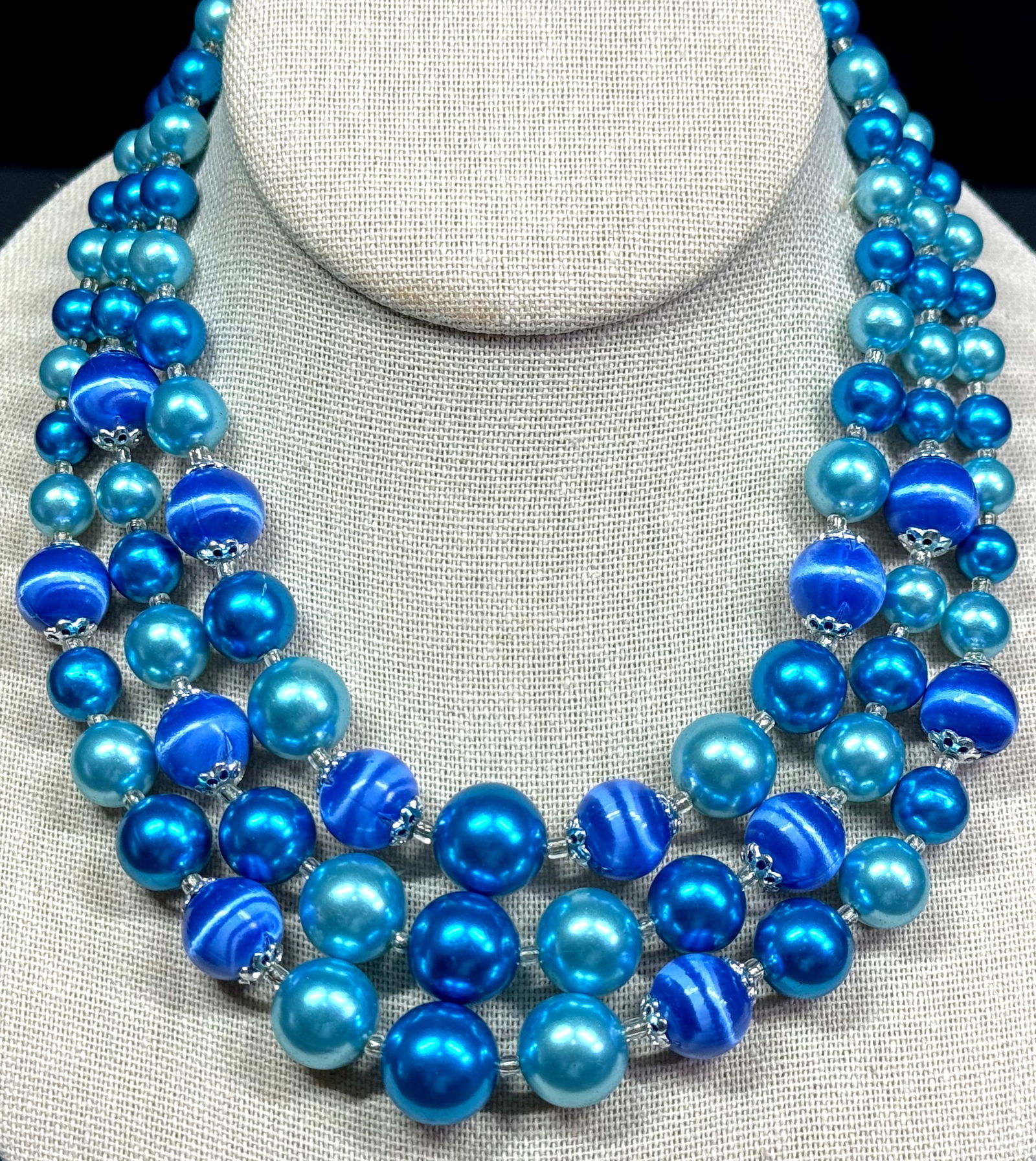 Vintage German brilliant pearly turquoise & bluish beads 3 strands necklace. (1 of 8)