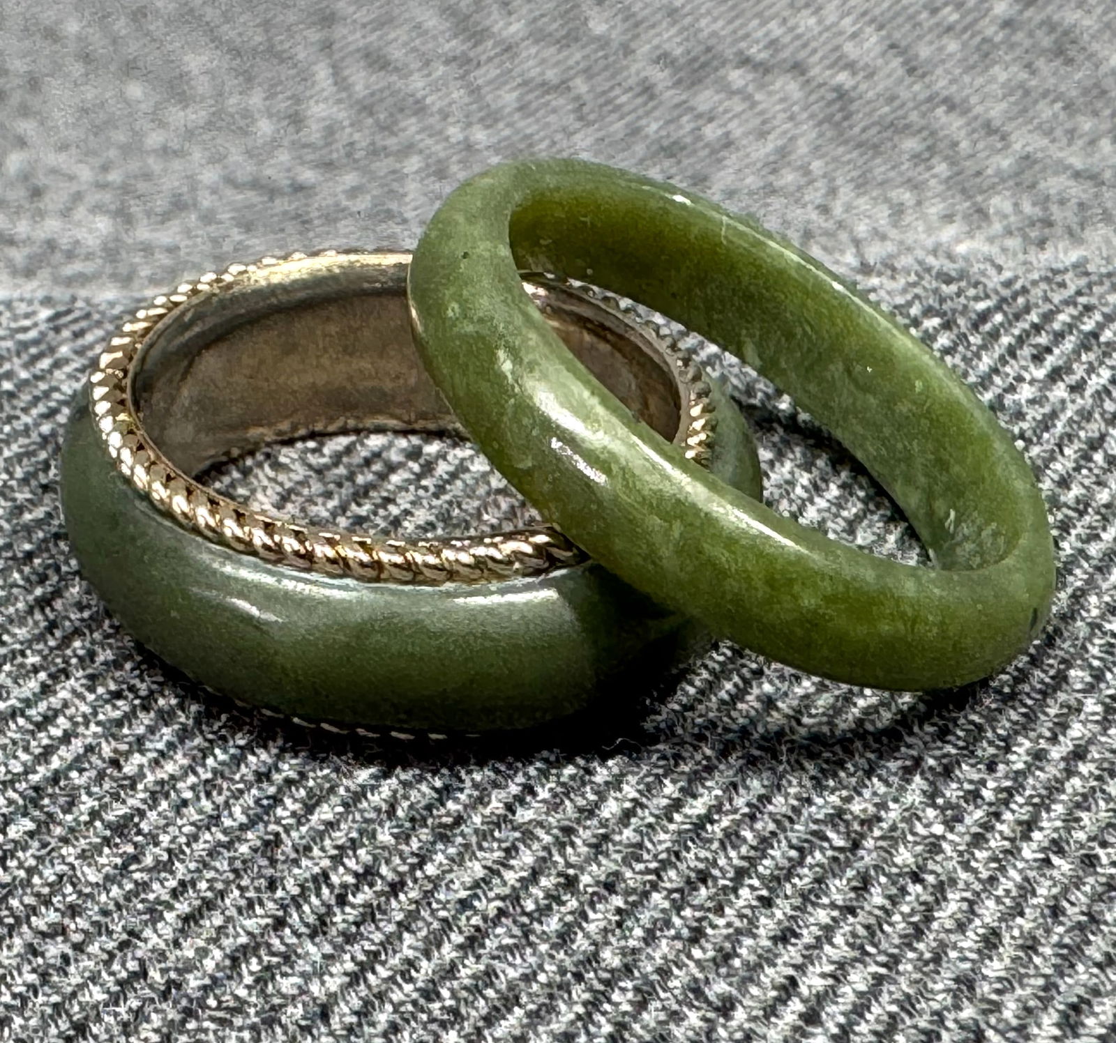 Vintage green jade & green jade inlaid goldtone metal eternity band rings. (1 of 6)