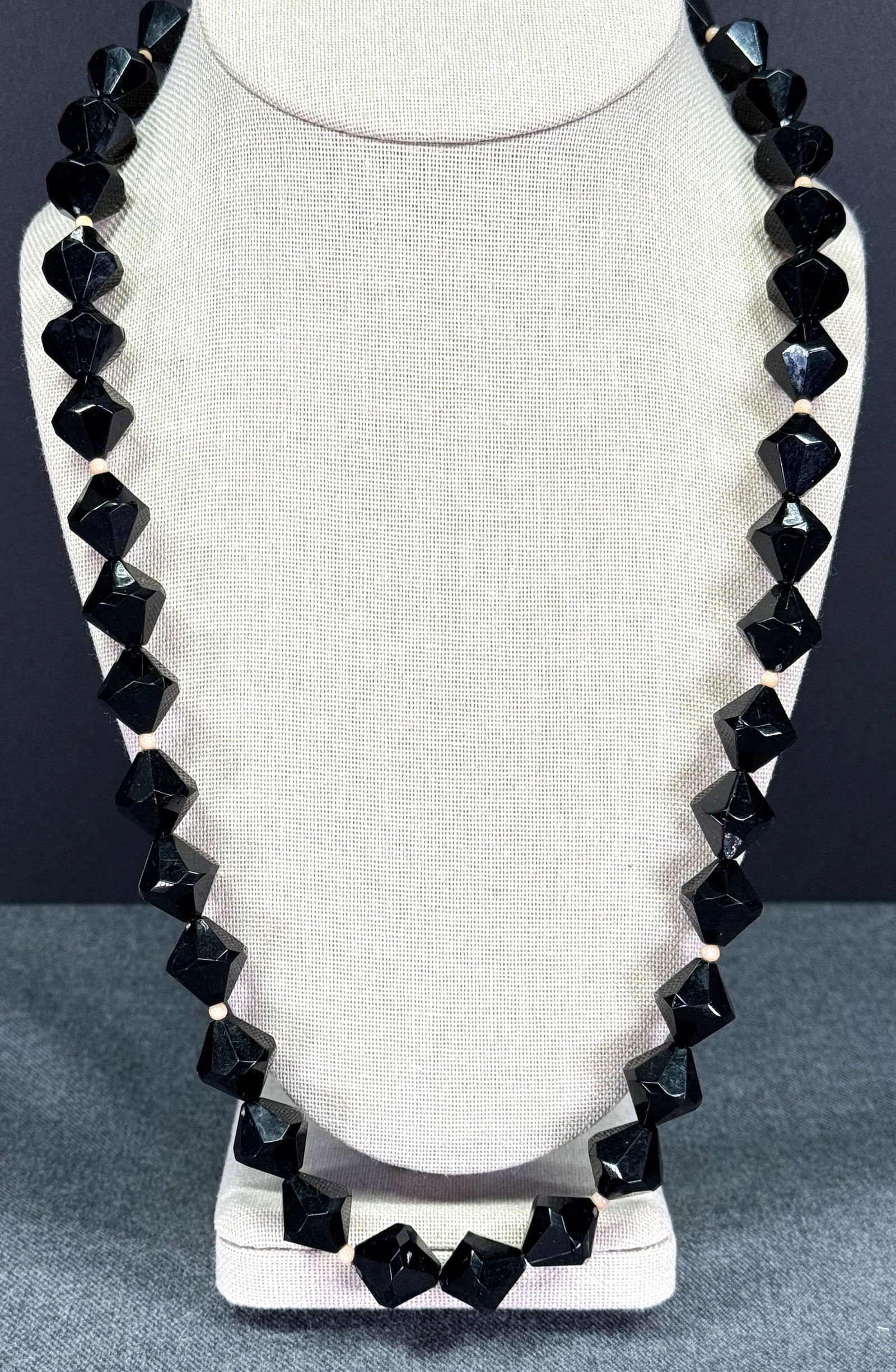 Vintage black & tiny beige plastic beaded necklace. Goldtone clasp (1 of 6)