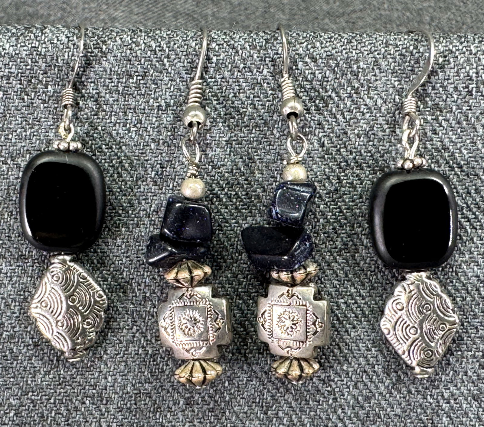 Vintage Southwestern style assorted black glass / onyx stone chips silvertine hook earrings (1 of 6)