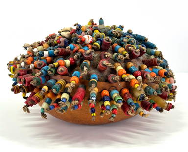 African Benin Vodum or Orisha Beaded Shrine Vessel.: African Benin Vodum or Orisha Beaded Shrine Vessel. Calabash, beads, cowrie shell. A closely related shrine vessel in the Metropolitan Museum of Art is described by scholar Joseph Adande, University o