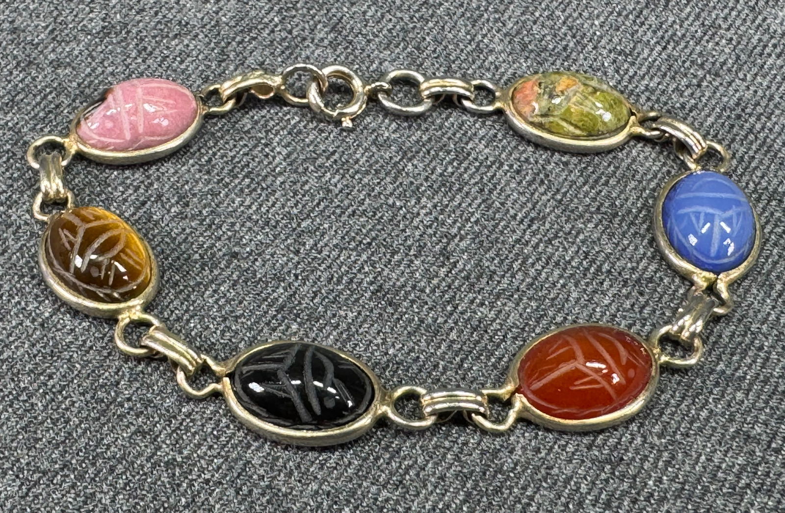 Vintage 12K Gold-Filled Natural Gemstone Scarabs Bracelet (1 of 7)