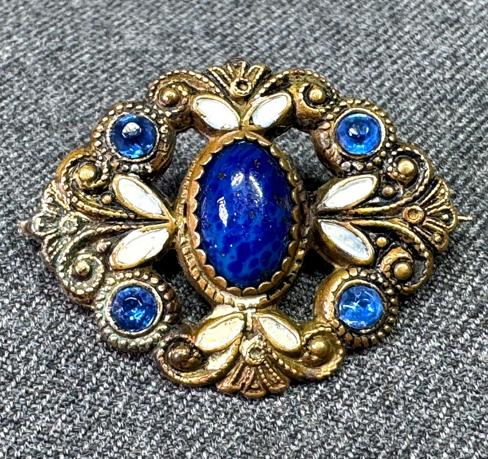 Vintage Czech Neiger Bros Cabochon Rhinestones Enamel Filigree Goldtoned Brooch Pin (1 of 6)