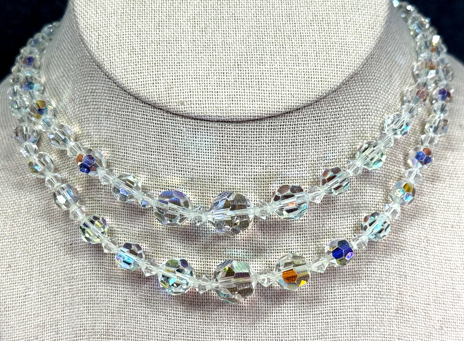 Vintage AB clear faceted crystals beaded 2 strands collar necklace. Jeweled clasp: Vintage AB clear faceted crystals beaded 2 strands collar necklace. Jeweled clasp . Unmarked. For measures please refer to the pictures taken with a measuring tape. Weight: 42 Grams. IN HOUSE Estimate