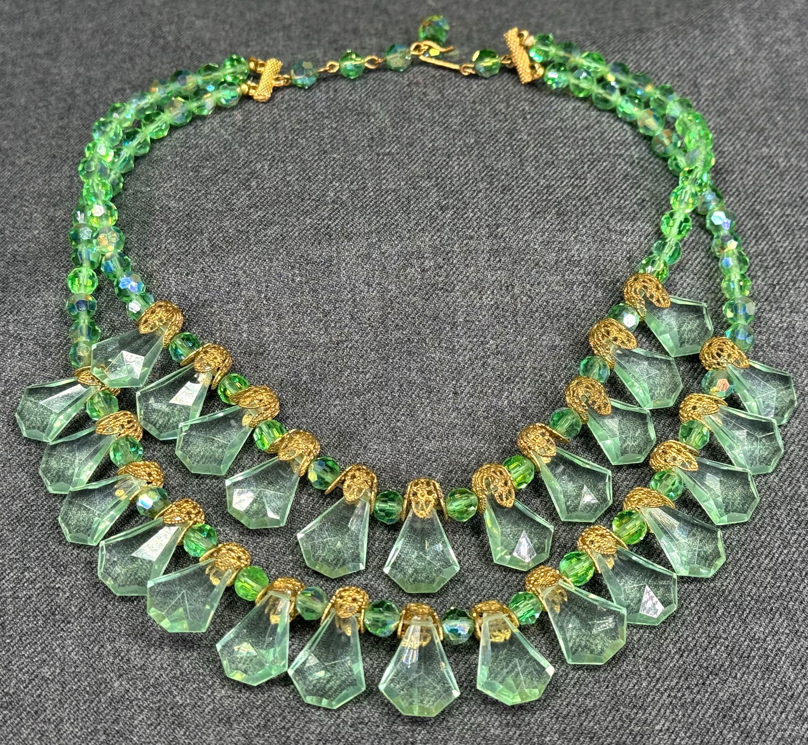 Vintage Haskell style green beaded 2 strands collar necklace (1 of 10)