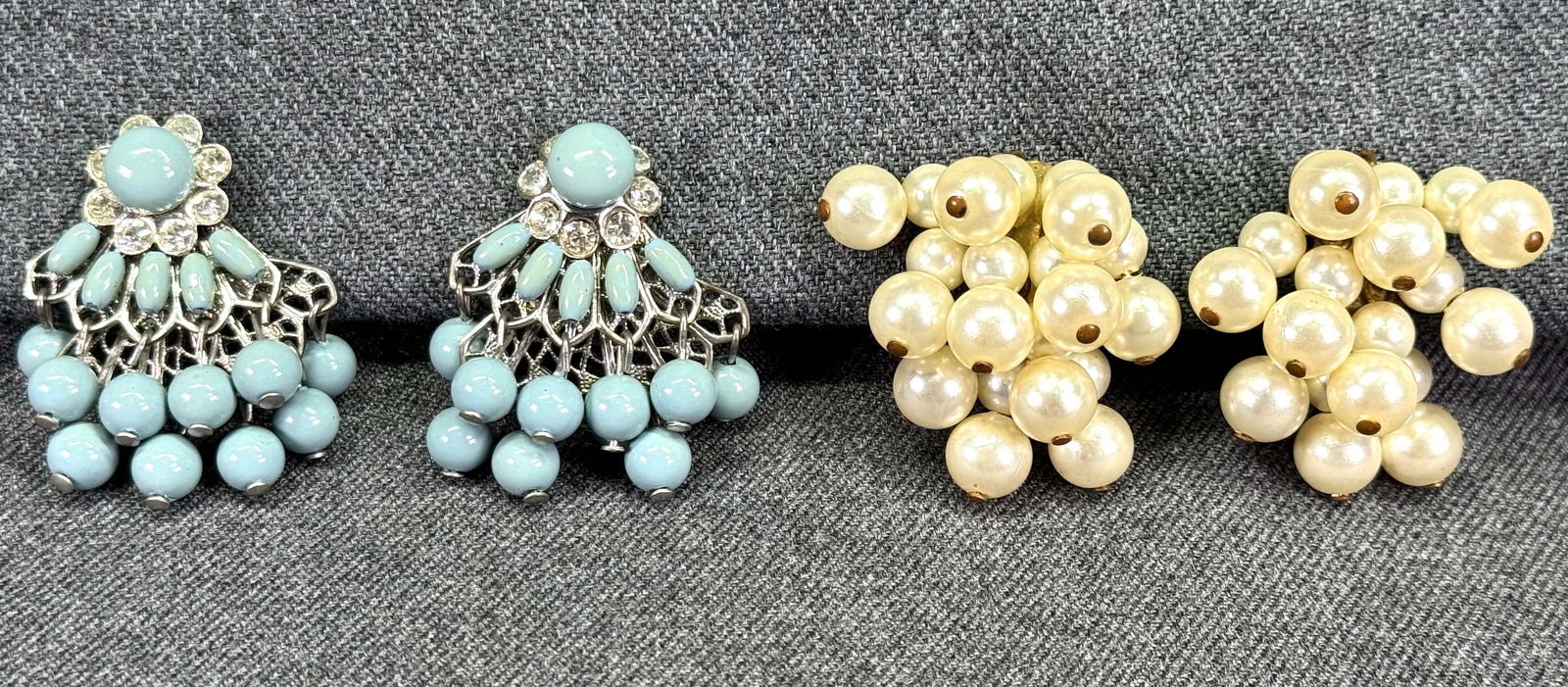 Vintage assorted jeweled flower chandelier & pearly cluster beads clip earrings (1 of 7)