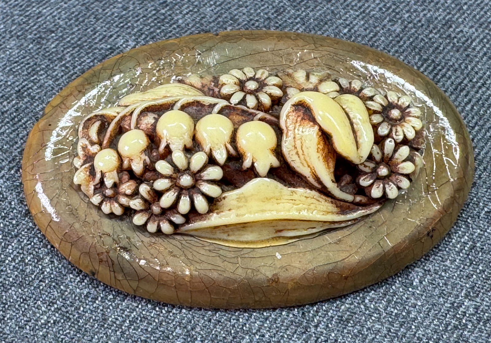 Antique celluloid flowers bouquet on wooden brooch pin (1 of 7)