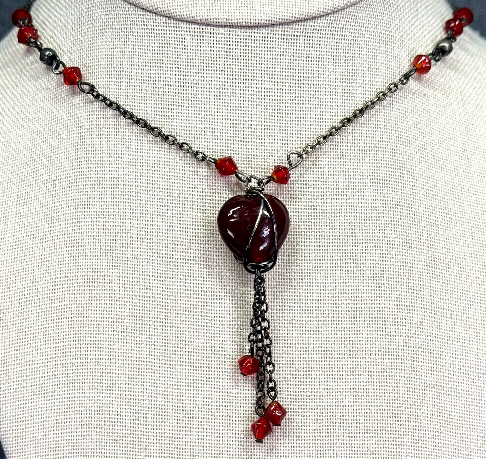 Vintage artsy red glass wrapped heart & beads dark silvertone chain necklace with tassel (1 of 8)