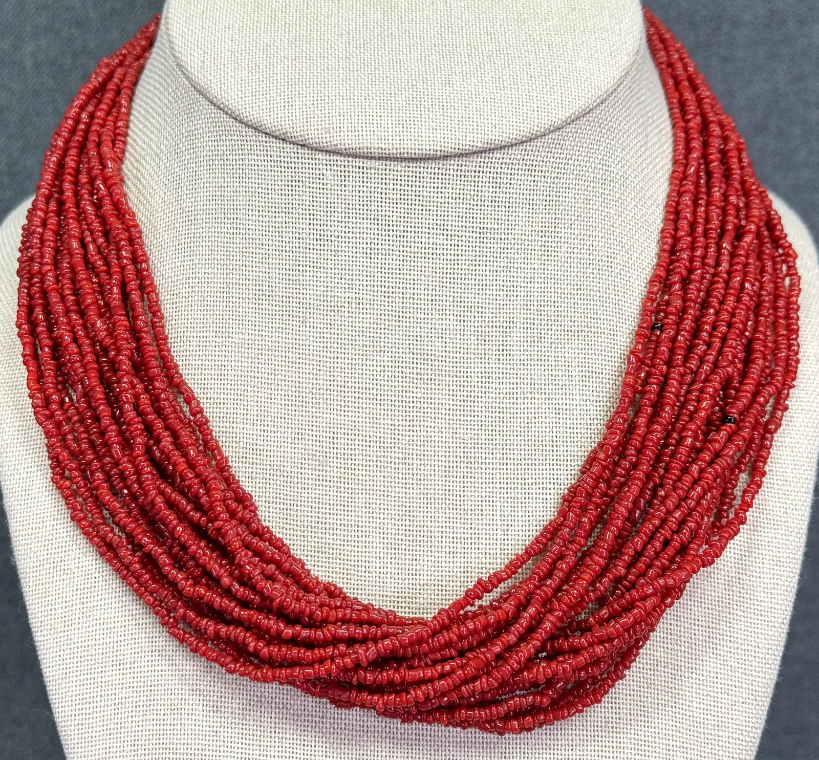 Vintage red coral color glass seeds beads multi strand necklace (1 of 5)