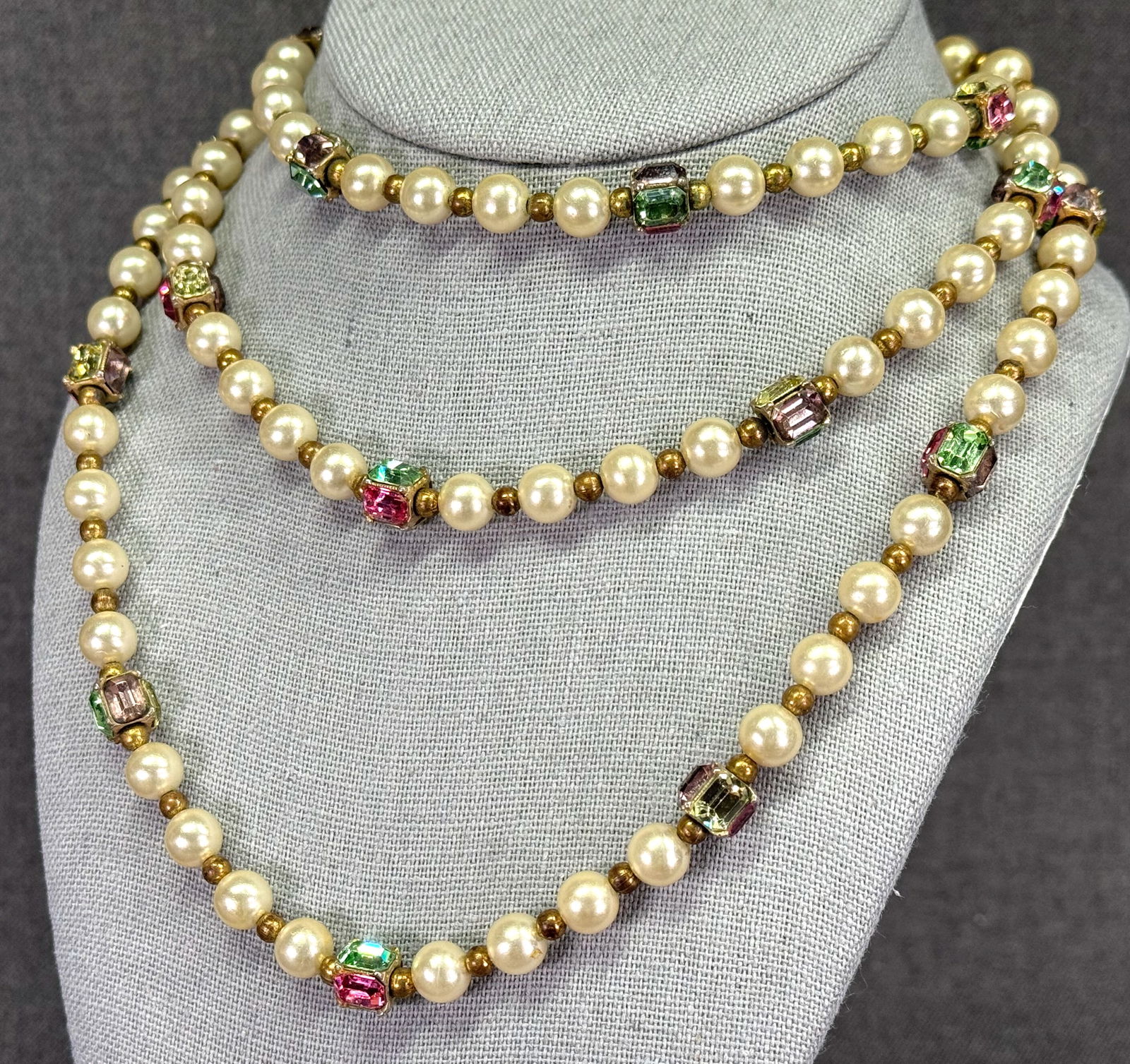 Vintage Haskell style faux pearls & crystal beads flapper necklace (1 of 12)